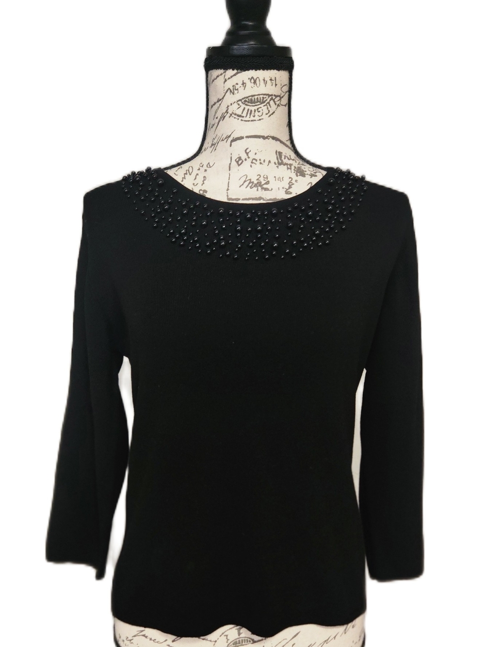 Carducci Beaded Collar Black Half-Sleeve Knit Sweater Women's Top Medium NWOT